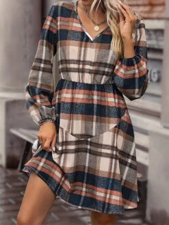 Women's Casual Dress Print Dress Spring Dress Plaid Lace Up Print V Neck Midi Dress Active Fashion Outdoor Street Long Sleeve Loose Fit Khaki Spring Fall S M L XL