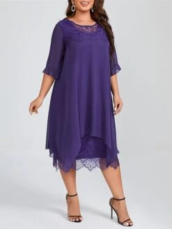 Women's Plus Size Curve Winter Dress Casual Dress Lace Dress Plain Midi Dress 3/4 Length Sleeve Lace Ruched Crew Neck Fashion Daily Purple Fall Winter L XL XXL 3XL 4XL -Casual Print Dress Sales bctnlm1697189318818