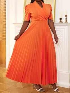 Women's Plus Size Curve Party Dress Work Dress Swing Dress Plain Long Dress Maxi Dress Short Sleeve Pleated Shirt Collar Fashion Party Orange Fall Winter XL XXL 3XL 4XL -Casual Print Dress Sales bdazob1694425979262