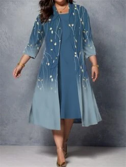 Women's Plus Size Curve Casual Dress Dress Set Two Piece Dress Floral Midi Dress 3/4 Length Sleeve Print Crew Neck Fashion Outdoor Navy Blue Fuchsia Fall Winter L XL XXL 3XL 4XL