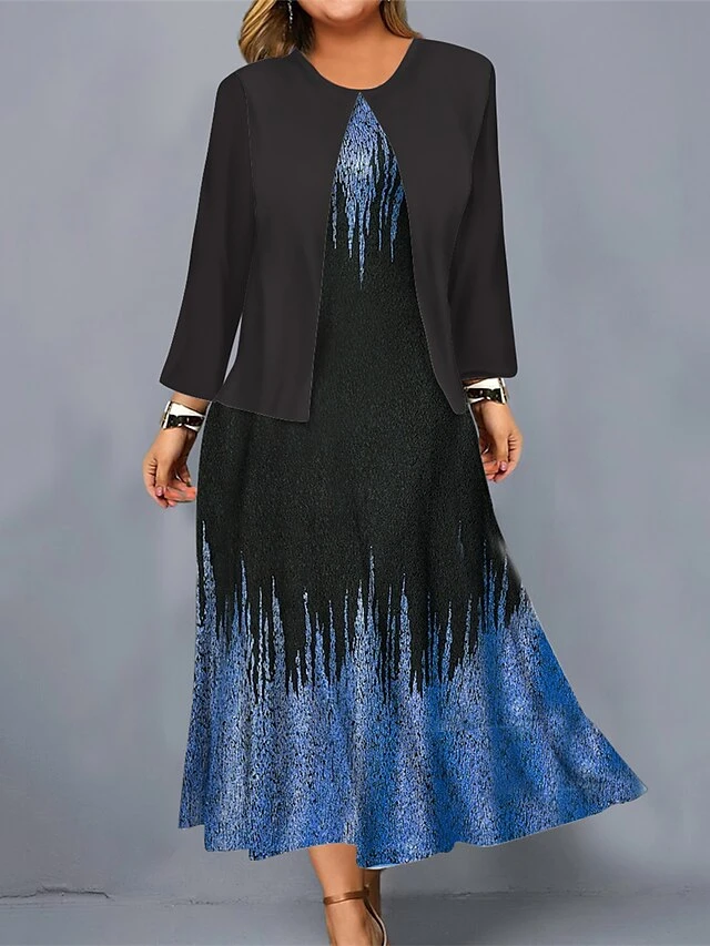Women's Plus Size Curve Casual Dress Dress Set Two Piece Dress Geometric Gradient Midi Dress Long Sleeve Print Crew Neck Fashion Outdoor Blue Gold Fall Winter L XL XXL 3XL 4XL 2 Women's Plus Size Curve Casual Dress Dress Set Two Piece Dress Geometric Gradient Midi Dress Long Sleeve Print Crew Neck Fashion Outdoor Blue Gold Fall Winter L XL XXL 3XL 4XL - Image 2