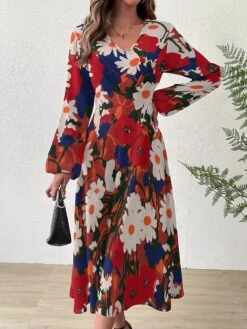 Women's Casual Dress Print Dress Graphic Print V Neck Long Dress Maxi Dress Classic Daily Long Sleeve Regular Fit Black Red Lilac Fall S M L XL XXL