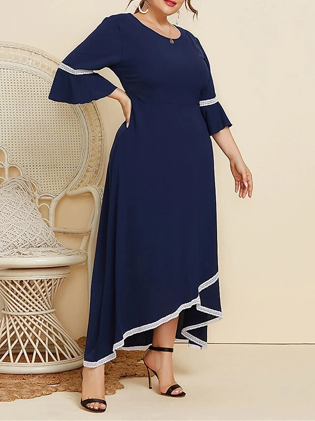 Women's Plus Size Curve Casual Dress Swing Dress A Line Dress Plain Long Dress Maxi Dress 3/4 Length Sleeve Patchwork Plus High Low Crew Neck Fashion Outdoor Dark Blue Fall Winter XL XXL 3XL 4XL 8 Women's Plus Size Curve Casual Dress Swing Dress A Line Dress Plain Long Dress Maxi Dress 3/4 Length Sleeve Patchwork Plus High Low Crew Neck Fashion Outdoor Dark Blue Fall Winter XL XXL 3XL 4XL - Image 8