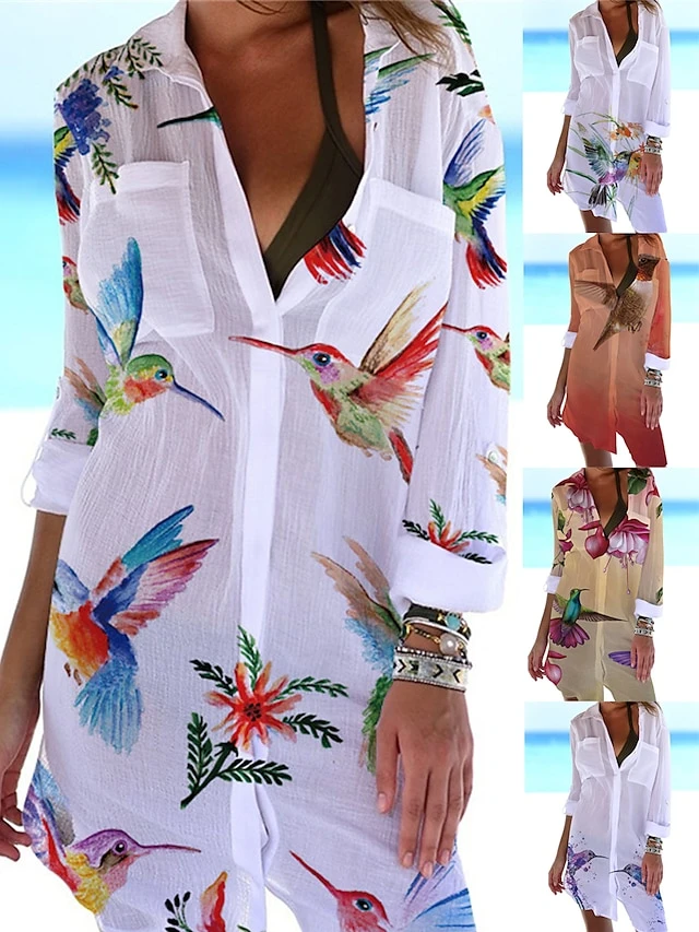 Women's Shirt Dress Cover Up Beach Wear Mini Dress Pocket Print Fashion Casual Floral Turndown 3/4 Length Sleeve Loose Fit Outdoor Daily White Yellow 2023 Summer Spring S M L XL 1 Women's Shirt Dress Cover Up Beach Wear Mini Dress Pocket Print Fashion Casual Floral Turndown 3/4 Length Sleeve Loose Fit Outdoor Daily White Yellow 2023 Summer Spring S M L XL