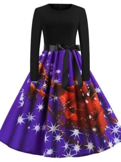 Women's Christmas Knee Length Dress Blue Purple Red Long SleeveBell Print Bow Print Fall Round Neck Vintage PartySlim 2022 S M L XL XXL -Casual Print Dress Sales bfbfxs1601018171849