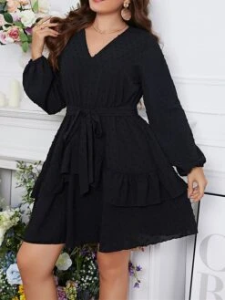 Women's Plus Size Party Dress Cocktail Dress Swing Dress Mini Dress Black Long Sleeve Pure Color Lace Up Spring Fall Winter V Neck Fashion Winter Dress Birthday Wedding Guest 2023 XL XXL 3XL 4XL -Casual Print Dress Sales bfcvlr1692343047848
