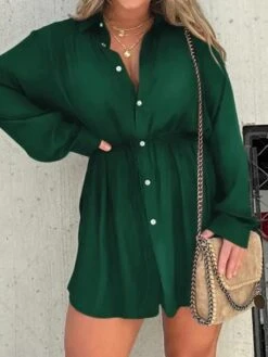 Women's Shirt Dress Casual Dress Mini Dress Outdoor Daily Date Polyester Fashion Casual Shirt Collar Lace Up Button Long Sleeve Fall Winter 2023 Loose Fit ArmyGreen Black Wine Pure Color S M L XL 2XL -Casual Print Dress Sales bfjpjt1695644796417