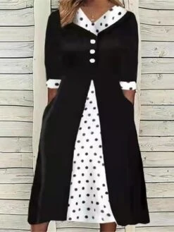 Women‘s Plus Size Curve Casual Sweater Dress A Line Sweater Dress Polka Dot Color Block Midi Sweater Dress 3/4 Length Sleeve Button Pocket V Neck Fashion Outdoor White Yellow Summer Spring