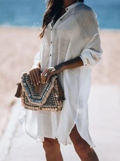 Women's Cover Up Beach Dress Beach Wear Midi Dress Button Basic Casual Plain Stand Collar Long Sleeve Loose Fit Outdoor Daily White 2023 Fall Spring One Size -Casual Print Dress Sales bflqzt1673421340651