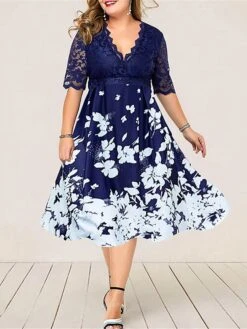 Women‘s Plus Size Curve Party Dress Cocktail Dress Work Dress Midi Dress Black Navy Blue Purple Half Sleeve Floral Lace Summer Spring Fall V Neck Fashion Wedding Guest Vacation Summer Dress 2023