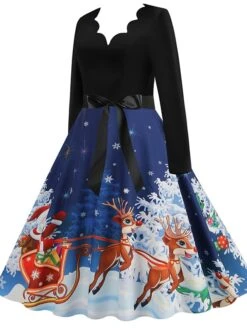 Women's Christmas Casual Dress Swing Dress Midi Dress Blue Purple Royal Blue Light Blue White Long Sleeve Santa Claus Elk Tree Bow Print Winter Fall V Neck Vacation Vintage 2022 S M L XL -Casual Print Dress Sales bgecyc1666927318282