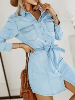 Women's Casual Dress Sheath Dress Denim Shirt Dress Mini Dress Denim Fashion Casual Daily Vacation Shirt Collar Button Pocket Long Sleeve Summer Spring Fall 2023 Regular Fit Blue Pure Color S M L XL