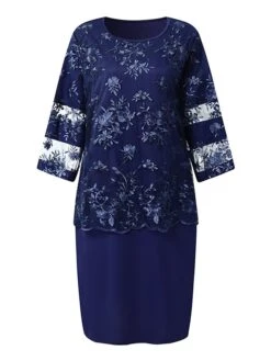 Women's Plus Size Curve Wedding Guest Dress Lace Party Dress Crew Neck Print 3/4 Length Sleeve Mother Dress Spring Fall Dress Elegant Formal Midi Dress Party Cocktail Dress -Casual Print Dress Sales bggbzo1659687316545