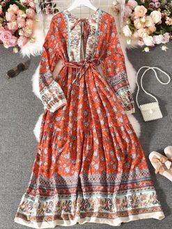 Women's Casual Dress Winter Dress Ethnic Dress Floral Tribal Lace Up Ruched Crew Neck Puff Sleeve Midi Dress Fashion Ethnic Outdoor Christmas Long Sleeve Loose Fit Red Khaki Dark Blue Fall Winter -Casual Print Dress Sales bgmvtn1697791094553