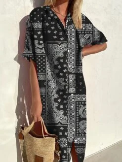 Women's Shirt Dress Casual Dress Midi Dress Outdoor Office Daily Polyester Casual Vintage Retro Shirt Collar Button Print 3/4 Length Sleeve Summer Spring Fall 2023 Loose Fit Black White Floral