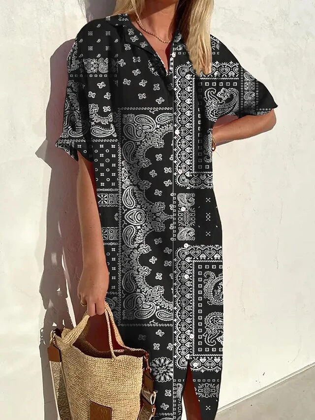 Women's Shirt Dress Casual Dress Midi Dress Outdoor Office Daily Polyester Casual Vintage Retro Shirt Collar Button Print 3/4 Length Sleeve Summer Spring Fall 2023 Loose Fit Black White Floral 1 Women's Shirt Dress Casual Dress Midi Dress Outdoor Office Daily Polyester Casual Vintage Retro Shirt Collar Button Print 3/4 Length Sleeve Summer Spring Fall 2023 Loose Fit Black White Floral
