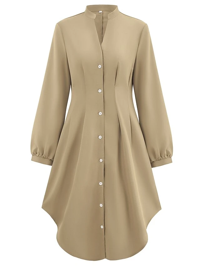 Women's Shirt Dress Casual Dress Mini Dress Outdoor Daily Date Polyester Fashion Modern V Neck Ruched Button Long Sleeve Fall Winter 2023 Loose Fit ArmyGreen Orange Apricot Pure Color S M L XL 12 Women's Shirt Dress Casual Dress Mini Dress Outdoor Daily Date Polyester Fashion Modern V Neck Ruched Button Long Sleeve Fall Winter 2023 Loose Fit ArmyGreen Orange Apricot Pure Color S M L XL - Image 12