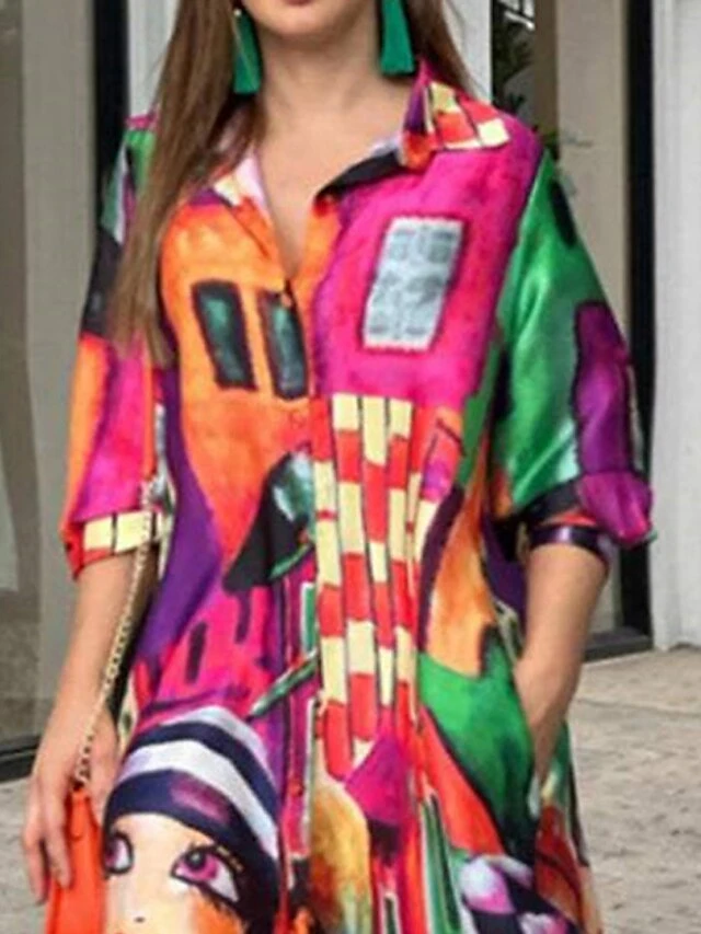Women's Shirt Dress Casual Dress Swing Dress Midi Dress Outdoor Daily Vacation Polyester Fashion Casual Shirt Collar Button Pocket 3/4 Length Sleeve Summer Spring Fall 2023 Loose Fit Orange Abstract 2 Women's Shirt Dress Casual Dress Swing Dress Midi Dress Outdoor Daily Vacation Polyester Fashion Casual Shirt Collar Button Pocket 3/4 Length Sleeve Summer Spring Fall 2023 Loose Fit Orange Abstract - Image 2