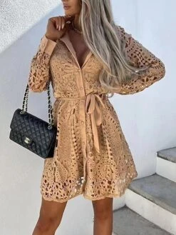 Women's Casual Dress Lace Dress Winter Dress Mini Dress Lace Up Lace Street Daily Holiday Fashion Streetwear V Neck Long Sleeve 2023 Regular Fit Black White Khaki Color S M L XL XXL Size -Casual Print Dress Sales bhquxs1692783766055