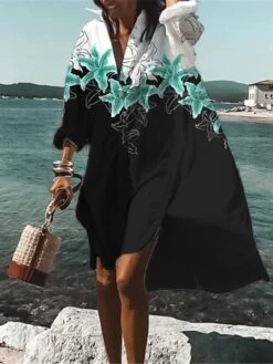 Women's Shirt Dress Casual Dress Swing Dress Mini Dress Outdoor Daily Vacation Polyester Fashion Casual Shirt Collar Button Print Long Sleeve Summer Spring Fall 2023 Loose Fit Black Red Blue Floral -Casual Print Dress Sales bhufbf1682662745553