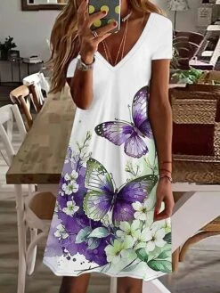Women's Casual Dress Summer Dress Print Dress Floral Butterfly Print V Neck Mini Dress Fashion Modern Daily Holiday Short Sleeve Regular Fit Blue Purple Green Summer Spring S M L XL XXL -Casual Print Dress Sales bhwusg1683870190397