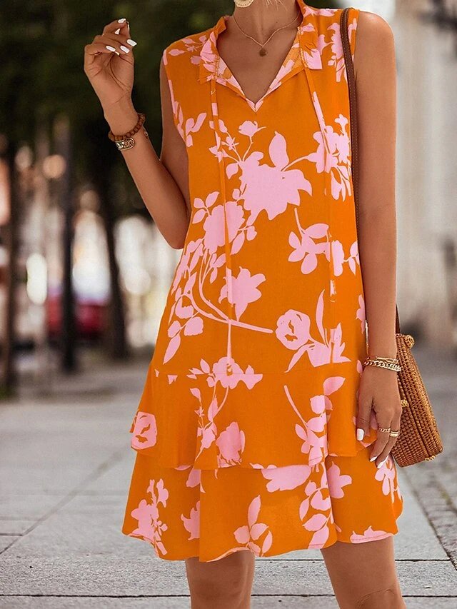 Women's Casual Dress Tank Dress Print Dress Floral Layered Print V Neck Mini Dress Active Fashion Outdoor Daily Sleeveless Regular Fit Fuchsia Orange Spring Summer S M L XL 7 Women's Casual Dress Tank Dress Print Dress Floral Layered Print V Neck Mini Dress Active Fashion Outdoor Daily Sleeveless Regular Fit Fuchsia Orange Spring Summer S M L XL - Image 7