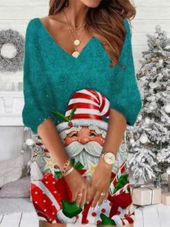 Women‘s Christmas Sweatshirt Dress Winter Dress Short Mini Dress Green Blue Red 3/4 Length Sleeve Print Print Fall Winter V Neck Vacation Casual 2022 S M L XL XXL 3XL -Casual Print Dress Sales biemav1668157240584