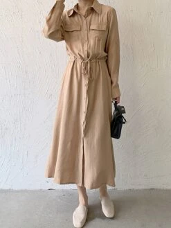 Women's Shirt Dress Casual Dress Maxi Long Dress Outdoor Daily Date Polyester Fashion Classic Shirt Collar Button Pocket Long Sleeve Fall Winter 2023 Loose Fit ArmyGreen Black Brown Pure Color S M L -Casual Print Dress Sales bihigd1693535860928
