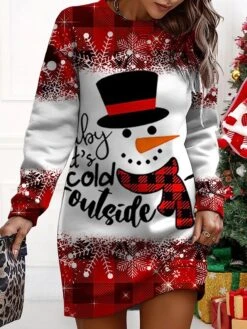 Women‘s Christmas Casual Dress Sweatshirt Dress Mini Dress Warm Fashion Outdoor Holiday Crew Neck Print Snowman Print Loose Fit Wine Red Purple S M L XL XXL -Casual Print Dress Sales biizbh1695700480887