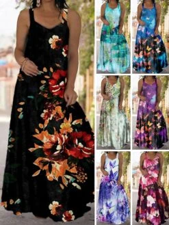 Women‘s Plus Size Curve Casual Dress Slip Dress Floral Butterfly Long Dress Maxi Dress Sleeveless Loose Print Strap Fashion Daily Black Light Green Spring Summer Dress