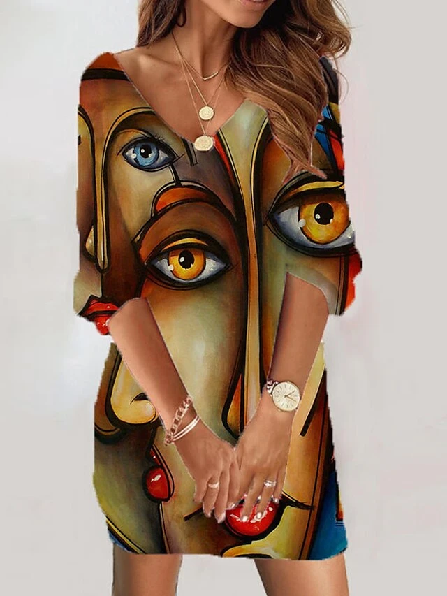 Women's Casual Dress Bodycon Sheath Dress Mini Dress Yellow 3/4 Length Sleeve Abstract Print Fall Winter Autumn V Neck Vacation Loose Fit 2023 S M L XL XXL 3XL 4XL 5XL 1 Women's Casual Dress Bodycon Sheath Dress Mini Dress Yellow 3/4 Length Sleeve Abstract Print Fall Winter Autumn V Neck Vacation Loose Fit 2023 S M L XL XXL 3XL 4XL 5XL