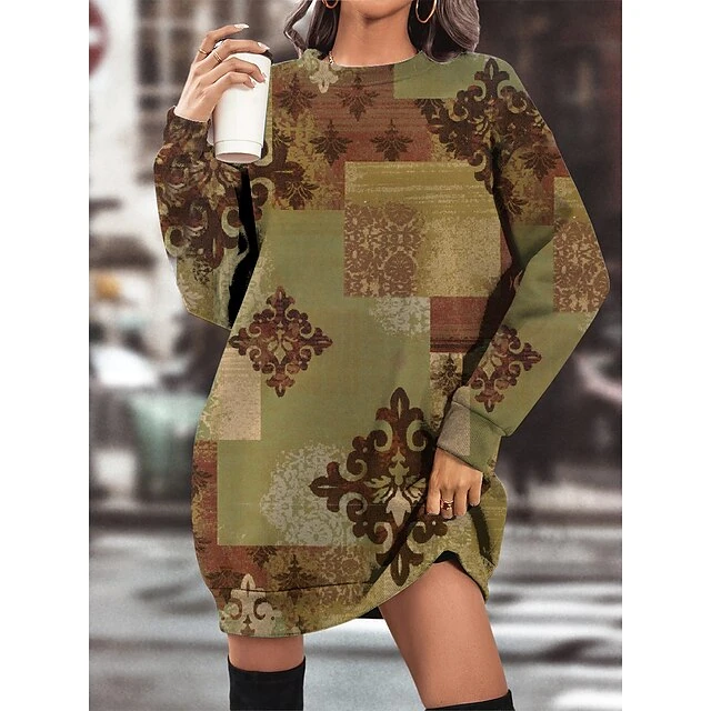 Women's Casual Dress Sweatshirt Dress Winter Dress Floral Geometric Pocket Print Crew Neck Mini Dress Fashion Streetwear Outdoor Daily Long Sleeve Loose Fit Dark Brown Green Khaki Fall Winter S M L 2 Women's Casual Dress Sweatshirt Dress Winter Dress Floral Geometric Pocket Print Crew Neck Mini Dress Fashion Streetwear Outdoor Daily Long Sleeve Loose Fit Dark Brown Green Khaki Fall Winter S M L - Image 2