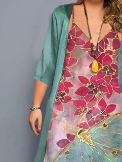 Women‘s Plus Size Curve Two Piece Dress Floral Crew Neck Print 3/4 Length Sleeve Fall Spring Casual Maxi Long Dress Daily Holiday Dress -Casual Print Dress Sales bixbqe1630319314169