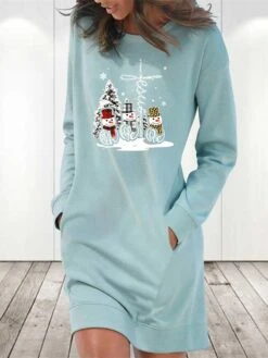 Women's Casual Dress Sweatshirt Dress Winter Dress Mini Dress Light Blue White Grey Long Sleeve Snowman Pocket Fall Winter Autumn Crew Neck Stylish Christmas Loose Fit 2023 S M L XL 2XL