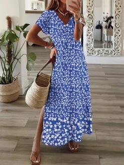 Women's Casual Dress A Line Dress Floral Dress Floral Ditsy Floral Split Print V Neck Long Dress Maxi Dress Fashion Streetwear Outdoor Daily Short Sleeve Regular Fit Black White Burgundy Summer Spring -Casual Print Dress Sales bjlnzb1687677943554