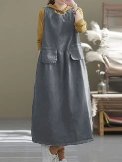 Women's Denim Dress Swing Dress Denim Overall Pinafore Dress Maxi Long Dress Cotton Denim Casual Daily Holiday Vacation Crew Neck Pocket Sleeveless Summer Spring 2023 Loose Fit Black Blue Pure Color -Casual Print Dress Sales bjmlah1683095226377