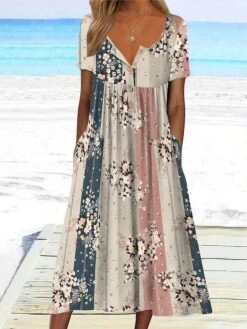 Women's Casual Dress Midi Dress Gray Short Sleeve Floral Ruched Spring Summer V Neck Casual 2023 S M L XL XXL 3XL