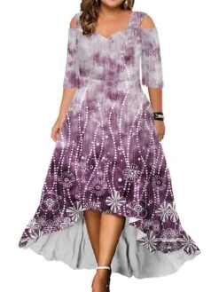 Women‘s Plus Size Curve Party Dress Wedding Guest Dress Swing Dress Long Dress Maxi Dress Blue Light Purple Purple 3/4 Length Sleeve Floral Cold Shoulder Summer Spring Fall V Neck Fashion Birthday -Casual Print Dress Sales bkamti1690428398769