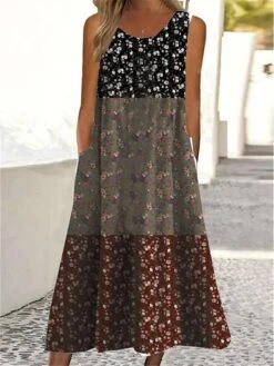 Women's Casual Dress Tank Dress Summer Dress Floral Ditsy Floral Pocket Print Crew Neck Midi Dress Active Fashion Outdoor Daily Sleeveless Regular Fit White Wine Red Summer Spring S M L XL XXL