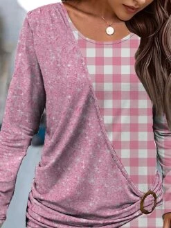 Women's Casual Dress Sweatshirt Dress Winter Dress Geometric Plaid Patchwork Print Crew Neck Mini Dress Fashion Streetwear Outdoor Daily Long Sleeve Loose Fit Pink Khaki Fall Winter S M L XL XXL -Casual Print Dress Sales bleeov1695372525515
