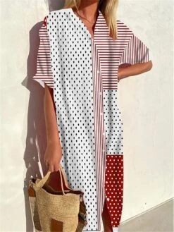 Women's Shirt Dress Casual Dress Midi Dress Outdoor Office Daily Polyester Fashion Modern Shirt Collar Button Print 3/4 Length Sleeve Summer Spring Fall 2023 Loose Fit Black White Yellow Geometric -Casual Print Dress Sales bliyyy1691045267700