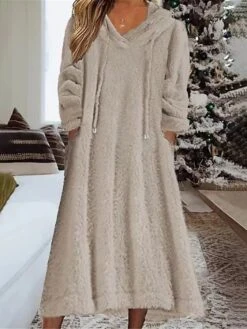 Women's Casual Dress Hoodie Dress Midi Dress Daily Basic Outdoor Vacation Going Out V Neck Pocket Solid Color Loose Fit Black White Green S M L XL XXL -Casual Print Dress Sales bmbjmv1690436195742