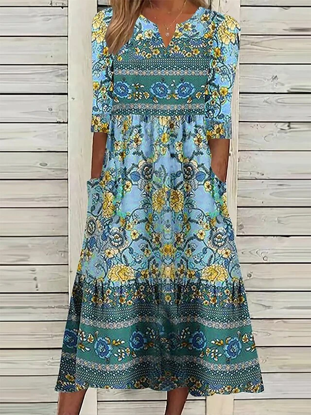 Women's Casual Dress Ethnic Dress Summer Dress Floral Ruched Pocket V Neck Midi Dress Vintage Ethnic Outdoor Daily 3/4 Length Sleeve Loose Fit Blue Purple Green Summer Spring S M L XL XXL 4 Women's Casual Dress Ethnic Dress Summer Dress Floral Ruched Pocket V Neck Midi Dress Vintage Ethnic Outdoor Daily 3/4 Length Sleeve Loose Fit Blue Purple Green Summer Spring S M L XL XXL - Image 4