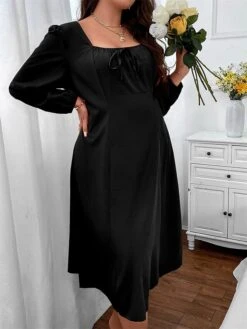Women's Plus Size Curve Party Dress Cocktail Dress Black Dress Midi Dress Black Long Sleeve Pure Color Lace Up Spring Fall Winter Square Neck Fashion Winter Dress Birthday Wedding Guest XL XXL 3XL -Casual Print Dress Sales bnjgzy1691648096122