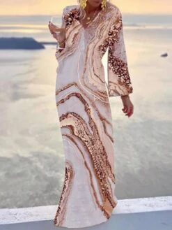 Women's Shift Dress Long Dress Maxi Dress Gold Short Sleeve Abstract Print Summer Spring V Neck Elegant 2023 S M L XL XXL