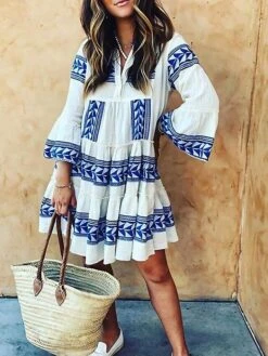 Casual Print Dress Sales 5 Women‘s Casual Dress Midi Dress 3/4 Length Sleeve Geometric Ruffle Winter Fall Autumn V Neck Casual 2023 S M L XL XXL XXXL