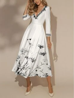 Women's Casual Dress Swing Dress Floral Dress Floral Print V Neck Long Dress Maxi Dress Fashion Streetwear Outdoor Vacation 3/4 Length Sleeve Regular Fit White Spring Fall S M L XL XXL
