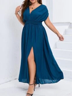 Women's Plus Size Party Dress Wedding Guest Dress Swing Dress Long Dress Maxi Dress Dark Blue Short Sleeve Pure Color Ruched Spring Fall Winter V Neck Fashion Birthday Wedding Guest Vacation 2023 L -Casual Print Dress Sales bojjbw1693535304004