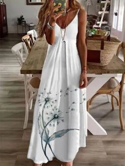 Women's Long Dress Maxi Dress Casual Dress A Line Dress Slip Dress Dandelion Flower Fashion Streetwear Daily Date Vacation Backless Print Sleeveless Strap Dress Regular Fit Gray Spring Summer S M L