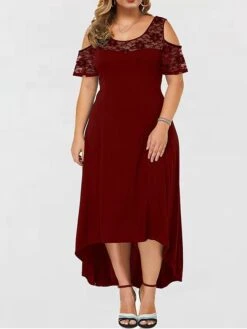 Women‘s Plus Size Curve Party Dress Lace Dress A Line Dress Solid Color Long Dress Maxi Dress Short Sleeve Lace Crew Neck Modern Party Black Red Spring Summer XL XXL 3XL 4XL 5XL -Casual Print Dress Sales bpanhd1672986119235